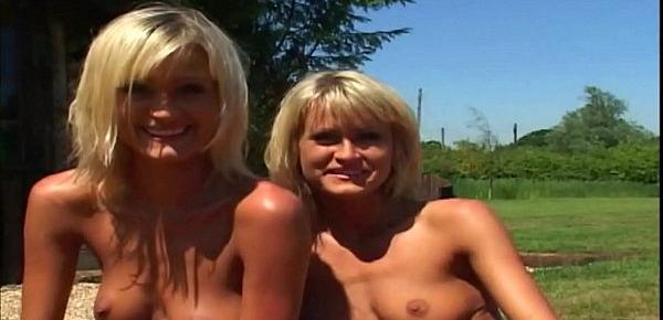  Twin babes likes to share a man and fuck outdoors